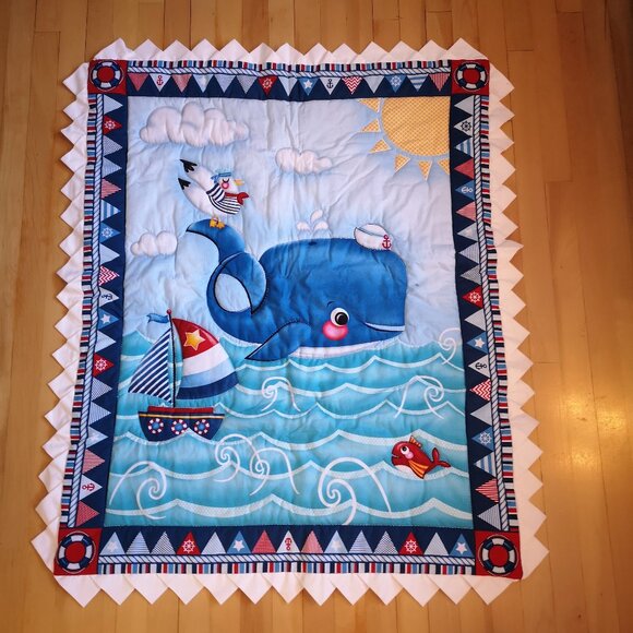 Homemade Kids 37"x 45" Quilt w/ Clouds, Boat & Whale in Blue w/ White Edging - Picture 1 of 4